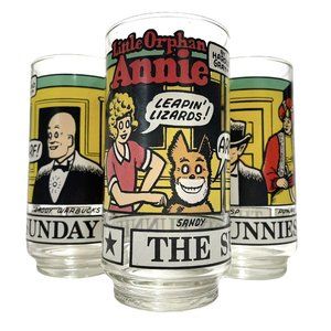 Vintage 1970s "The Sunday Funnies" Set of 3 Glass Tumbler Little Orphan Annie